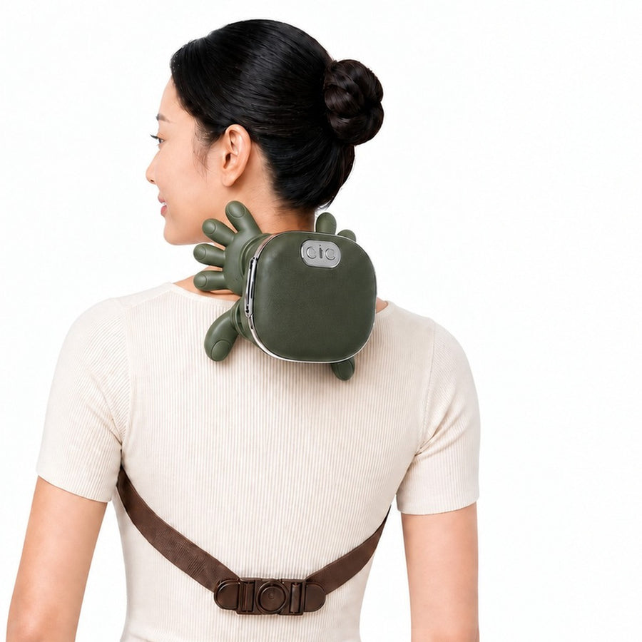 Druvex massager placed on the neck with the strap clipped at the back