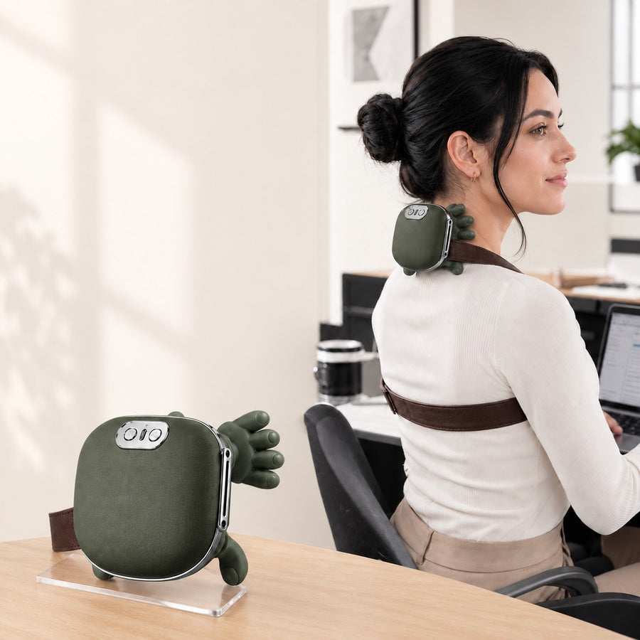 Druvex massager worn cordlessly at a desk