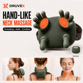 Green DRUVEX cordless hand-like neck massager with heat, shown from front and worn on neck