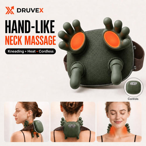 Green DRUVEX cordless hand-like neck massager with heat, shown from front and worn on neck