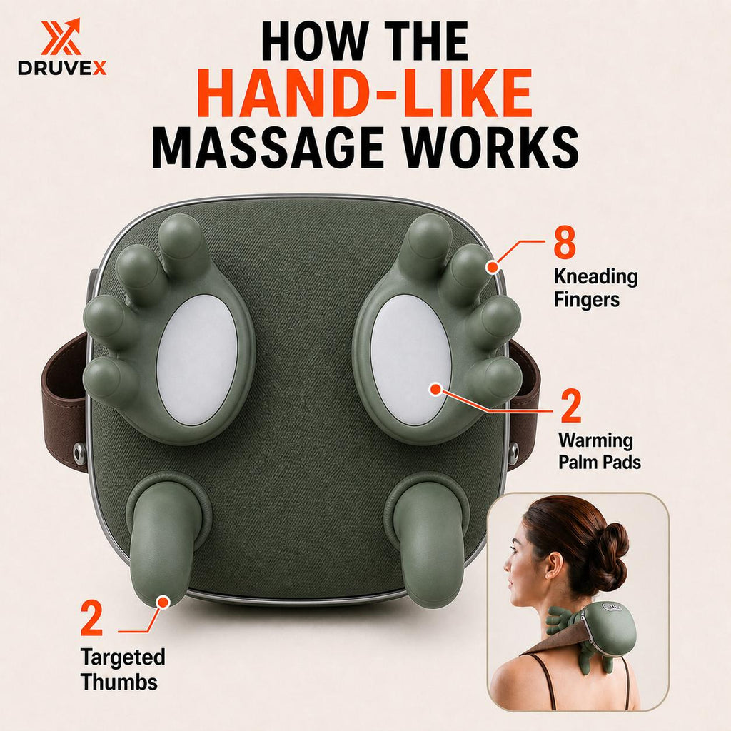 Adjustable straps and buckle securing green neck massager on shoulders
