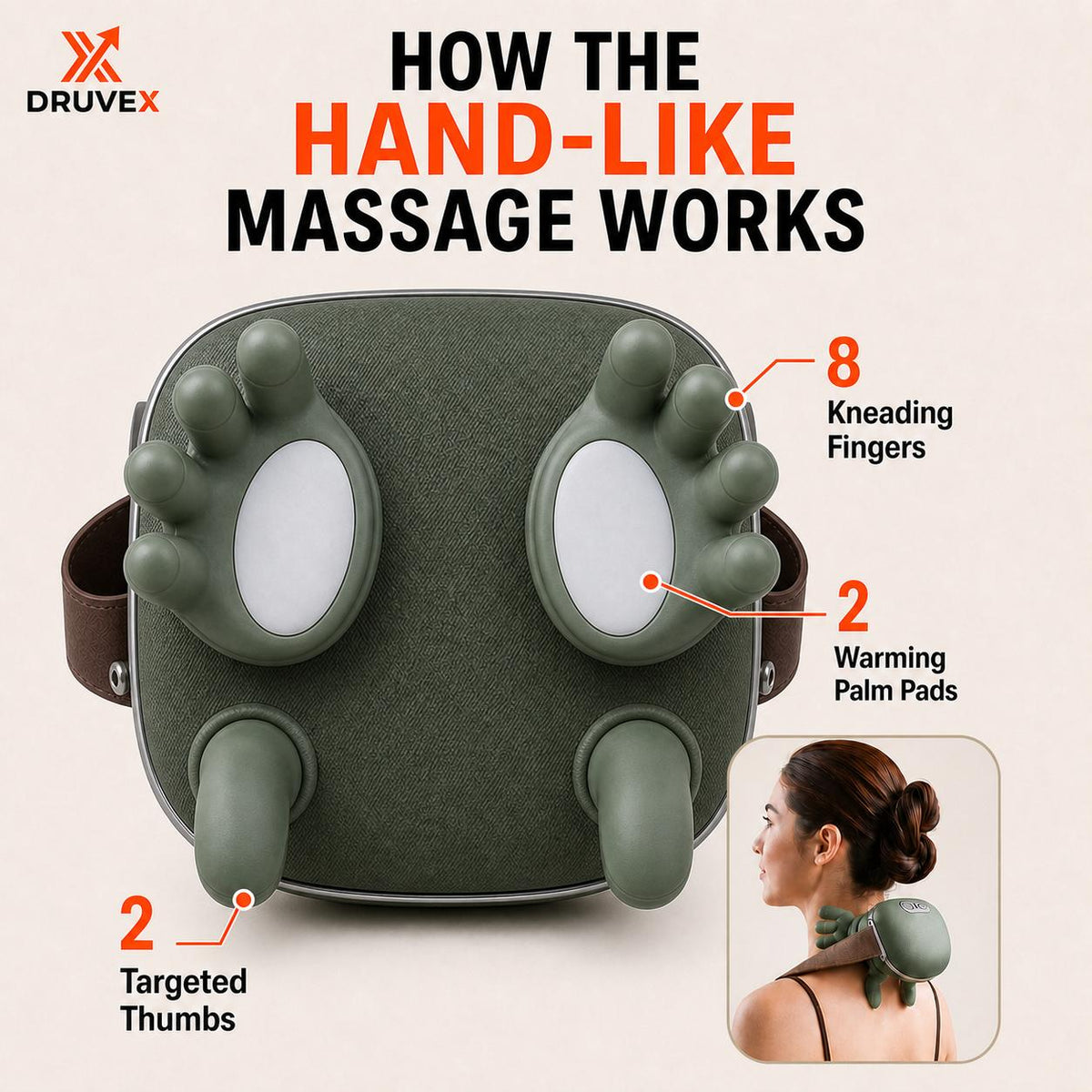 Adjustable straps and buckle securing green neck massager on shoulders