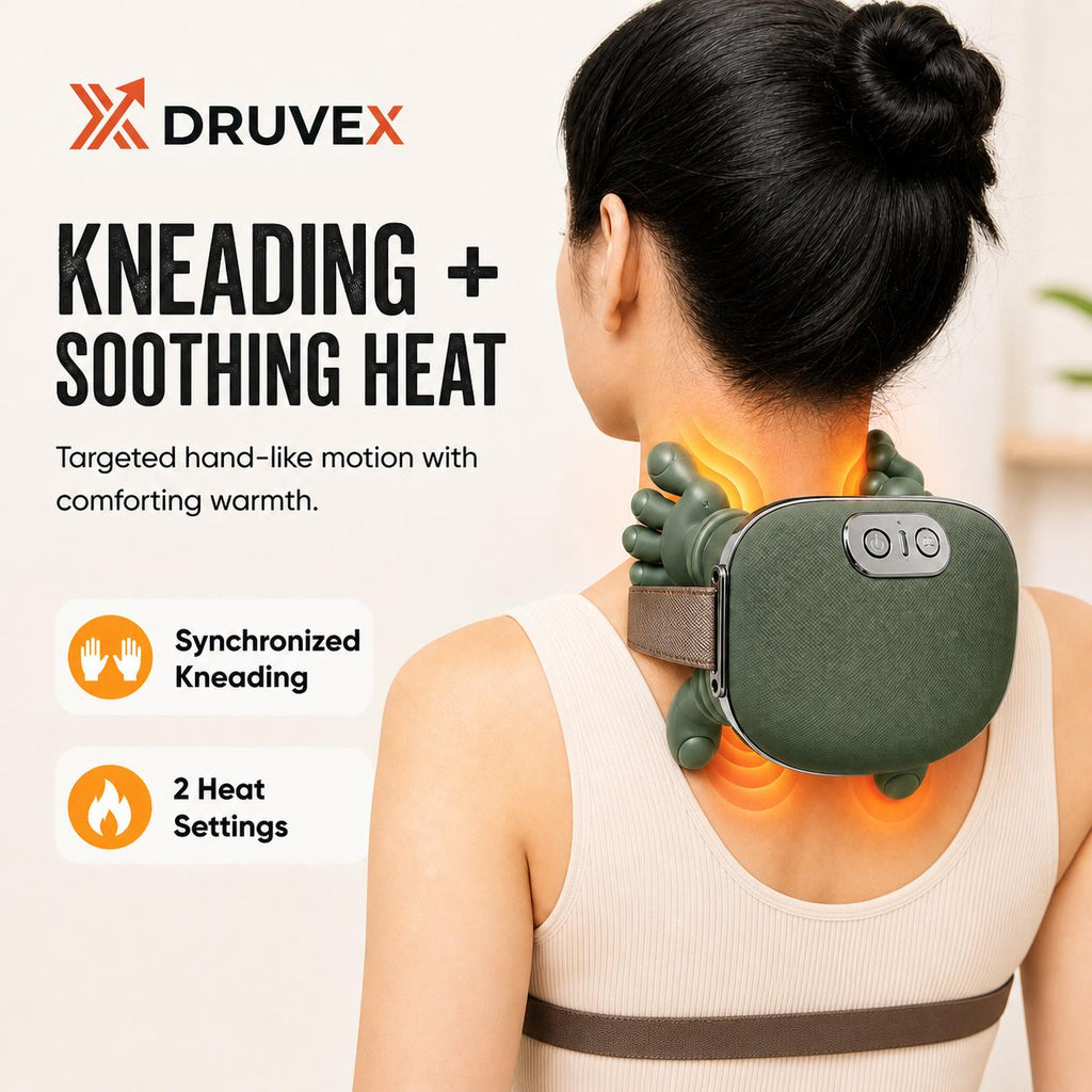 Green neck massager showing kneading fingers, warming pads and targeted thumbs