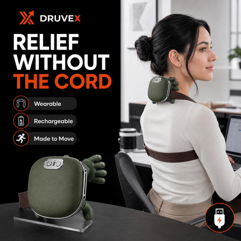 Green DRUVEX massager with soft-touch contact points and adjustable strap