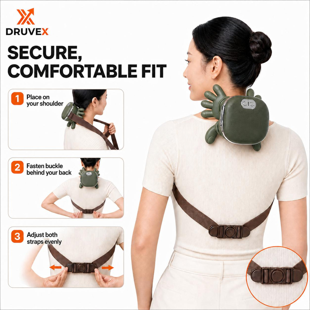 Controls for heat and massage on green cordless neck massager