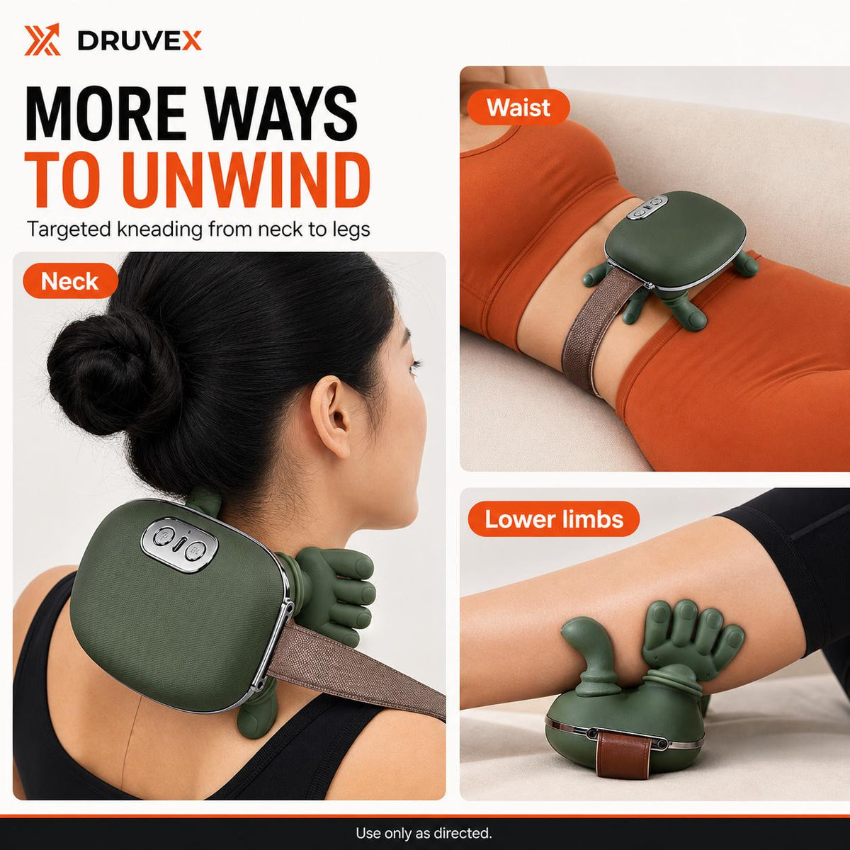Green neck massager with charging cable and instruction manual