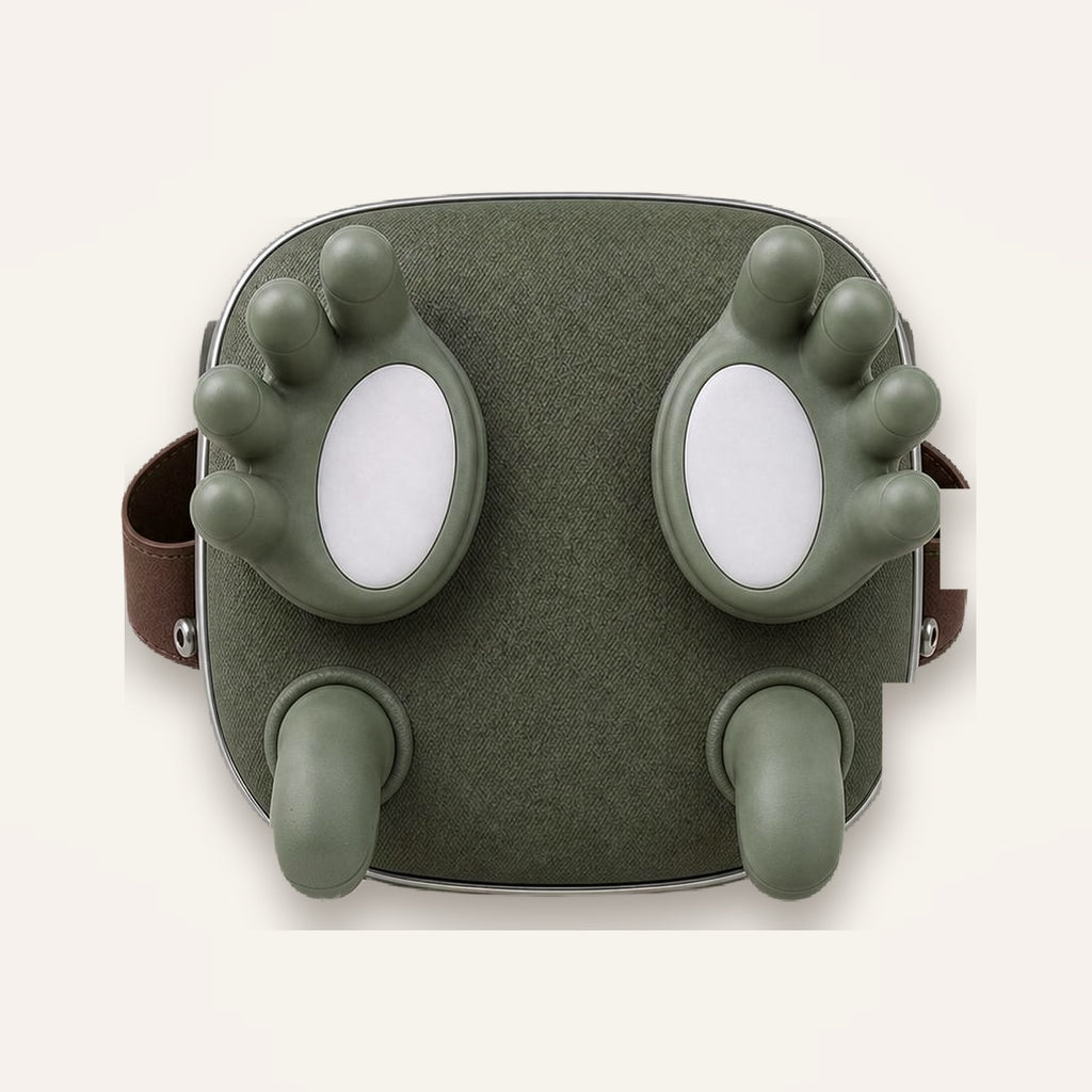DRUVEX neck massager front view: two kneading hands, two palm pads, two targeted thumbs, adjustable strap