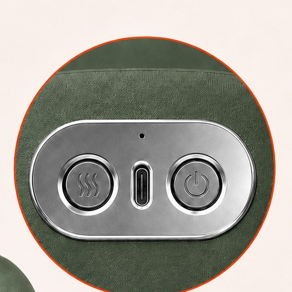 Control panel close-up: heat button, USB-C charging port, power button