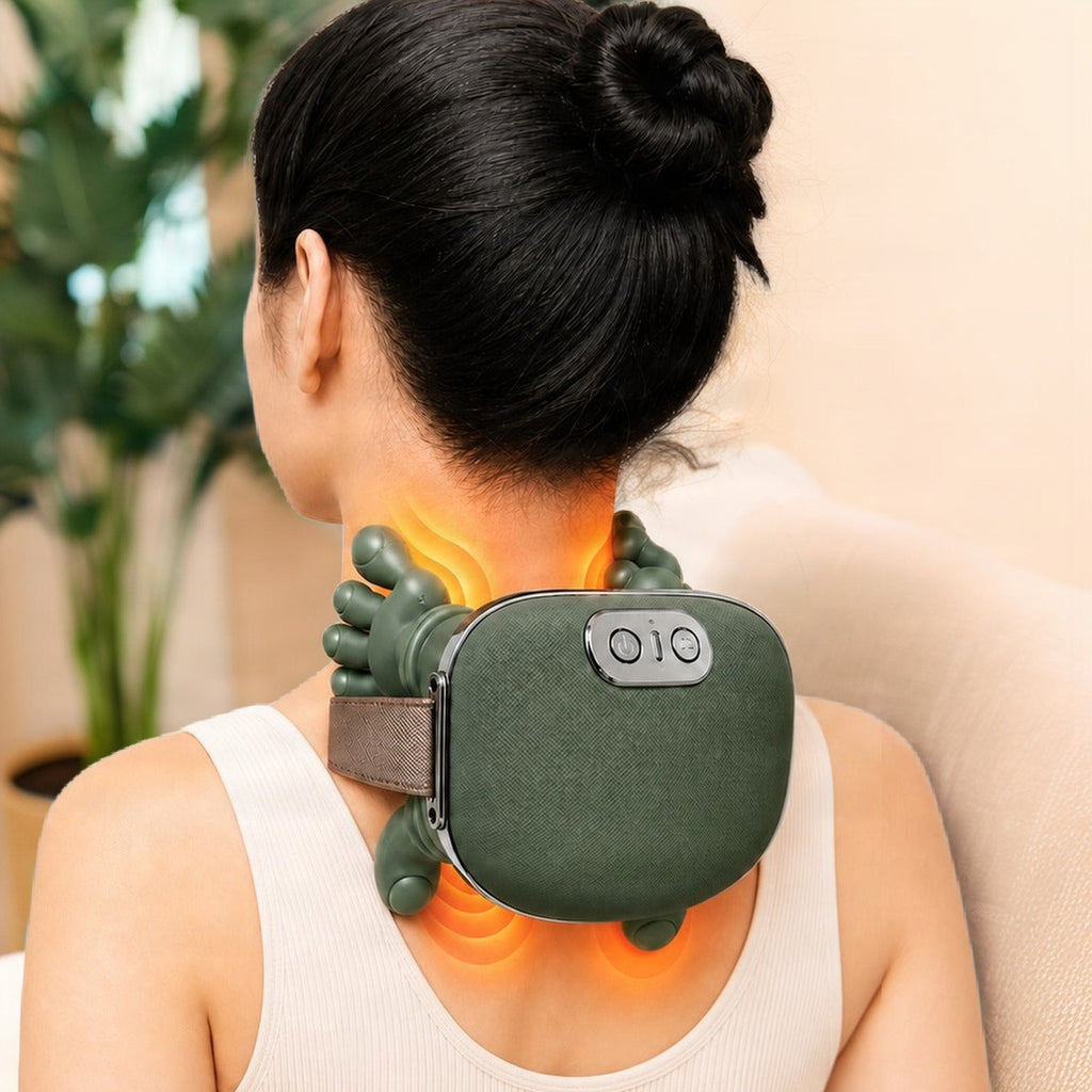 Worn on the back of the neck, both hands kneading with the warm pads on