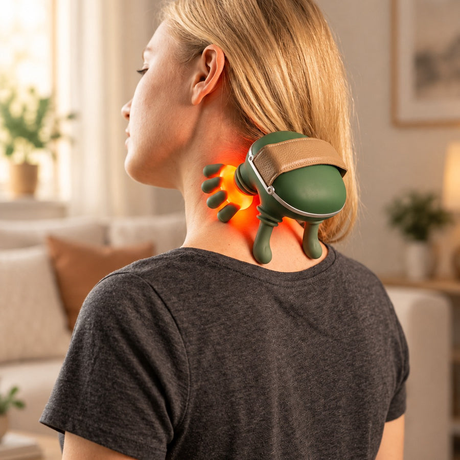 Relaxing with the Druvex massager on the neck, warm glow on the skin
