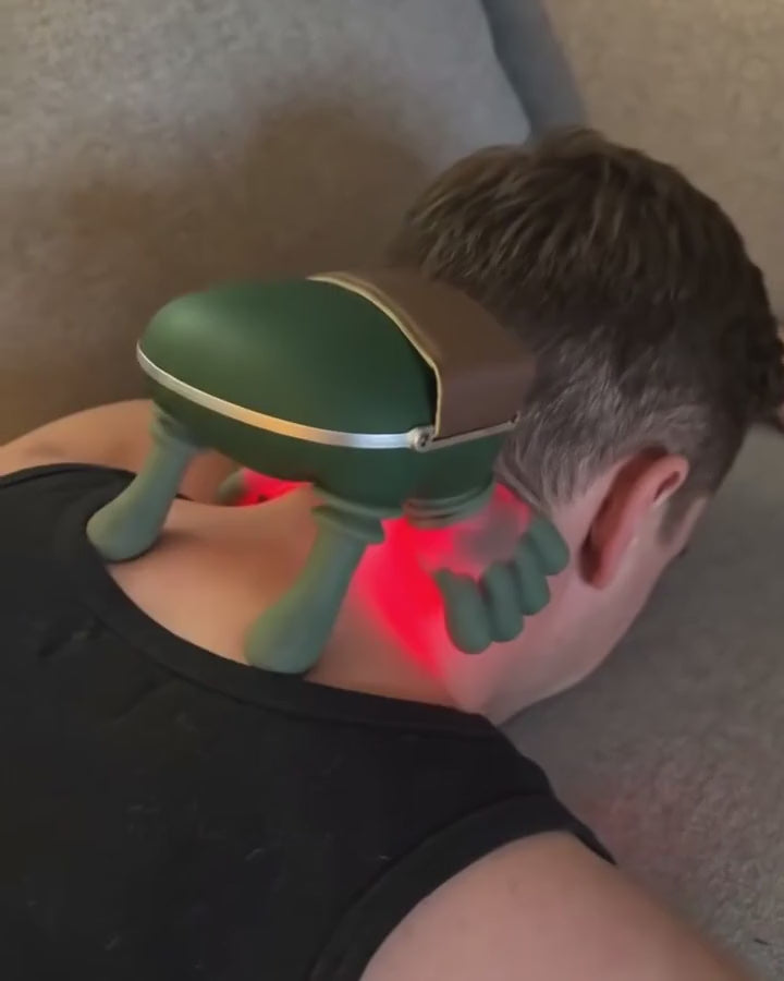 Druvex neck massager in use: placement on the nape, kneading fingers and warm glow